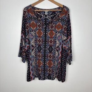 Catherines Geometric 3/4 Sleeve‎ Tunic Top Size 2XWP Blue Stretch Slinky Boho
